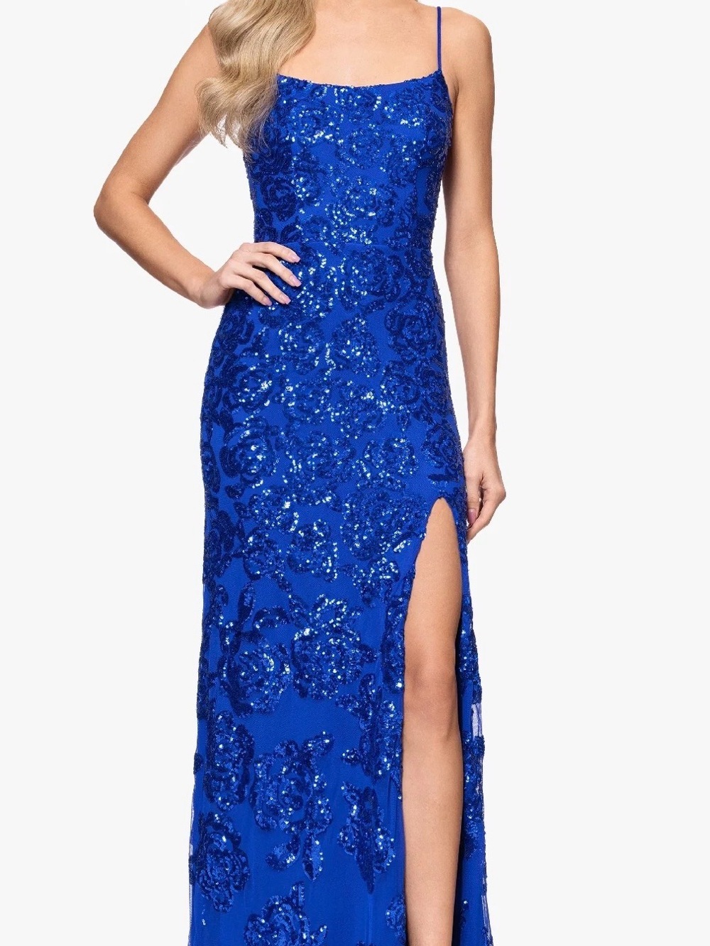 Blondie Nites Royal Blue Sequin Maxi Gown with Side Slit
